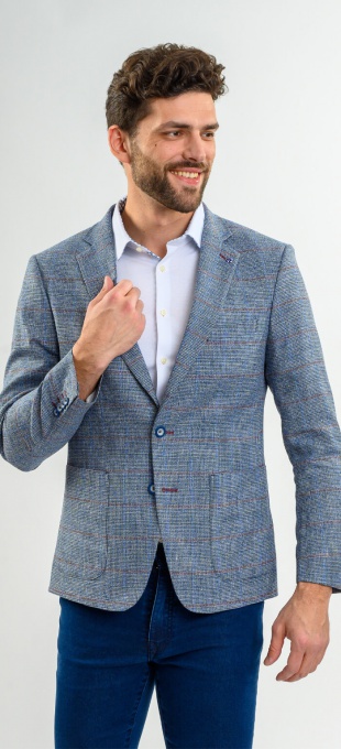 Blue linen blazer with brown and blue checkered pattern