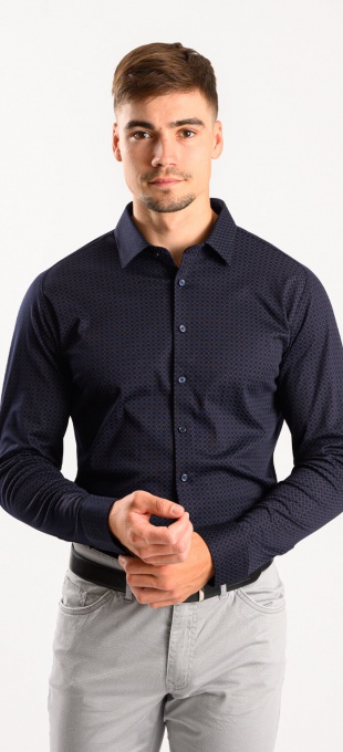 Darkblue stretch Extra Slim Fit non-iron shirt with pattern