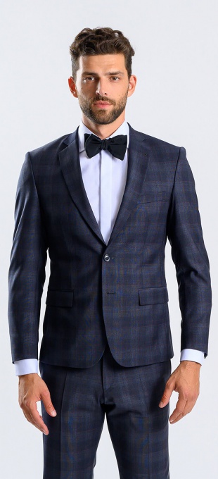 Blue Slim fit suit with burgundy check plaid