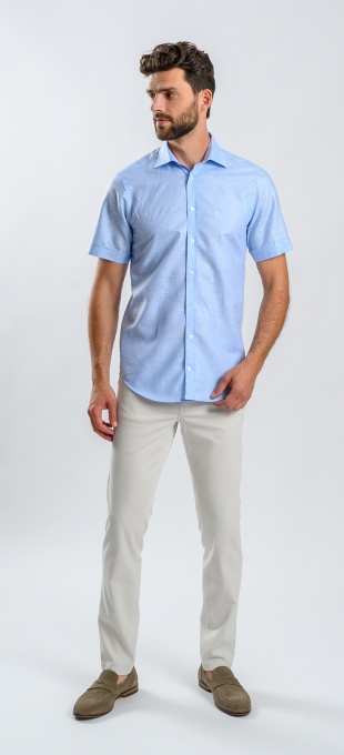 Light Blue Linen Extra Slim Fit Patterned Short-Sleeve Shirt
