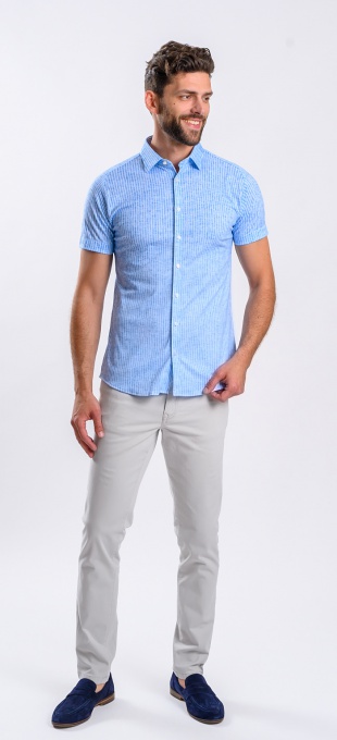 White and Blue Striped Stretch Extra Slim Fit Short-Sleeve Shirt