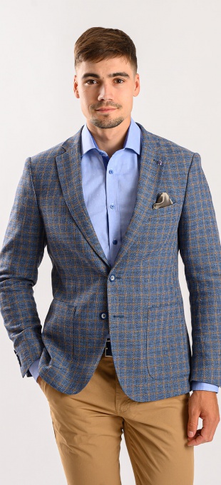 Blue linen blazer with brown checkered pattern