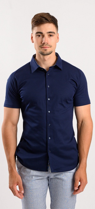 Tmavomodrá vzorovaná strečová Extra Slim Fit košeľa s krátkym rukávom