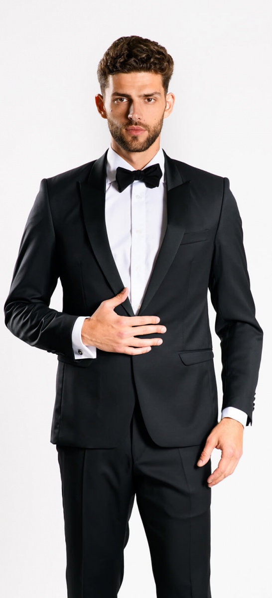 Black wool tuxedo with peak lapel