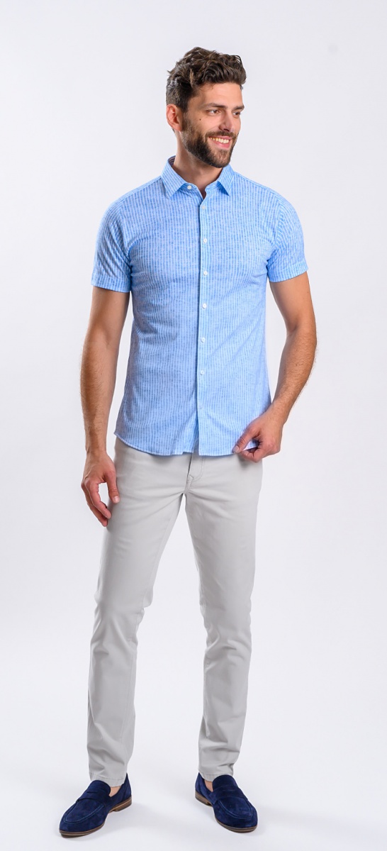 White and Blue Striped Stretch Extra Slim Fit Short-Sleeve Shirt