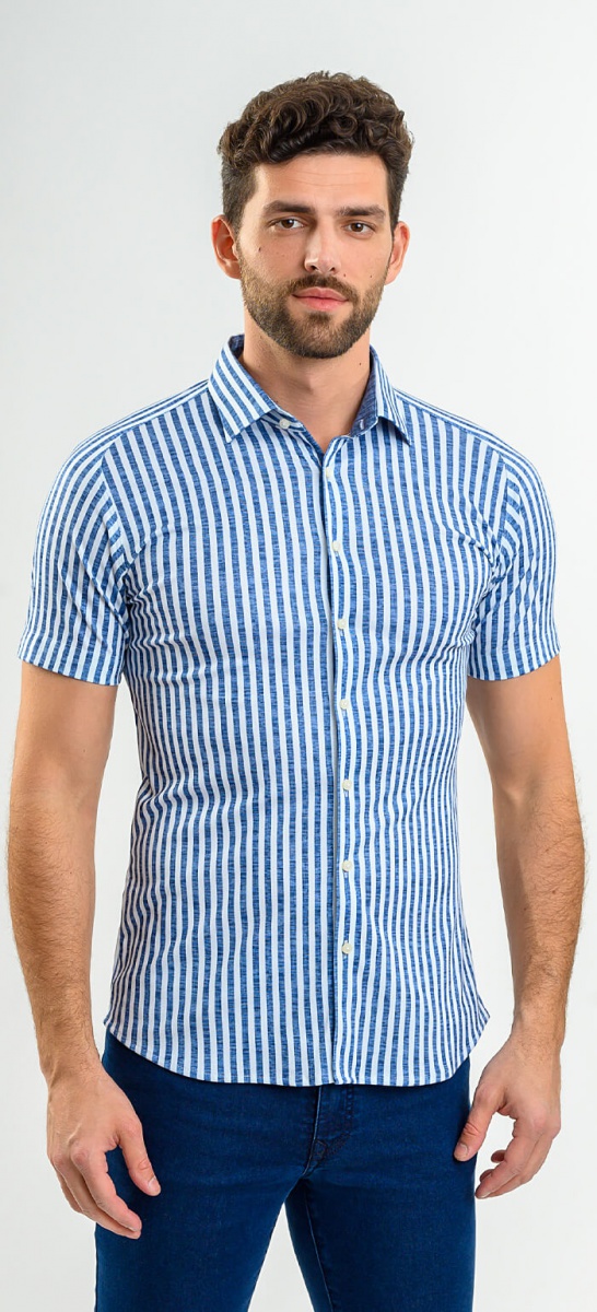 Bielo-modrá prúžkovaná strečová Extra Slim Fit košeľa s krátkym rukávom