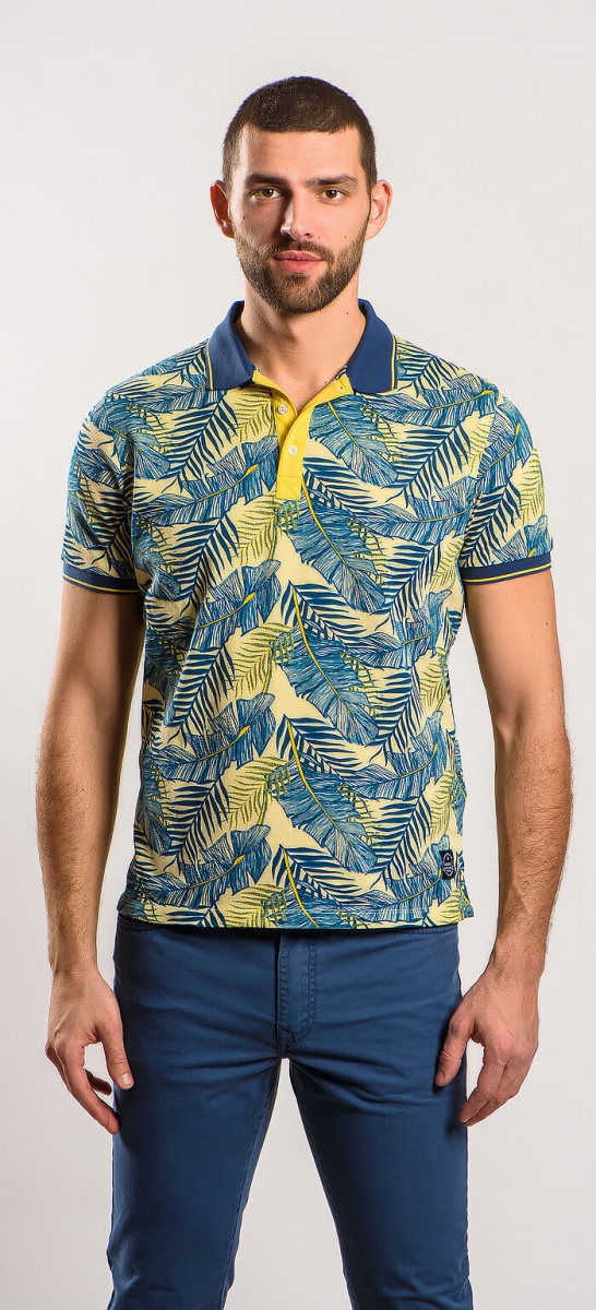 Yellow polo shirt with a bold pattern