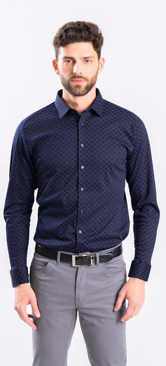 Dark Blue Patterned Stretch Extra Slim Fit non-iron shirt