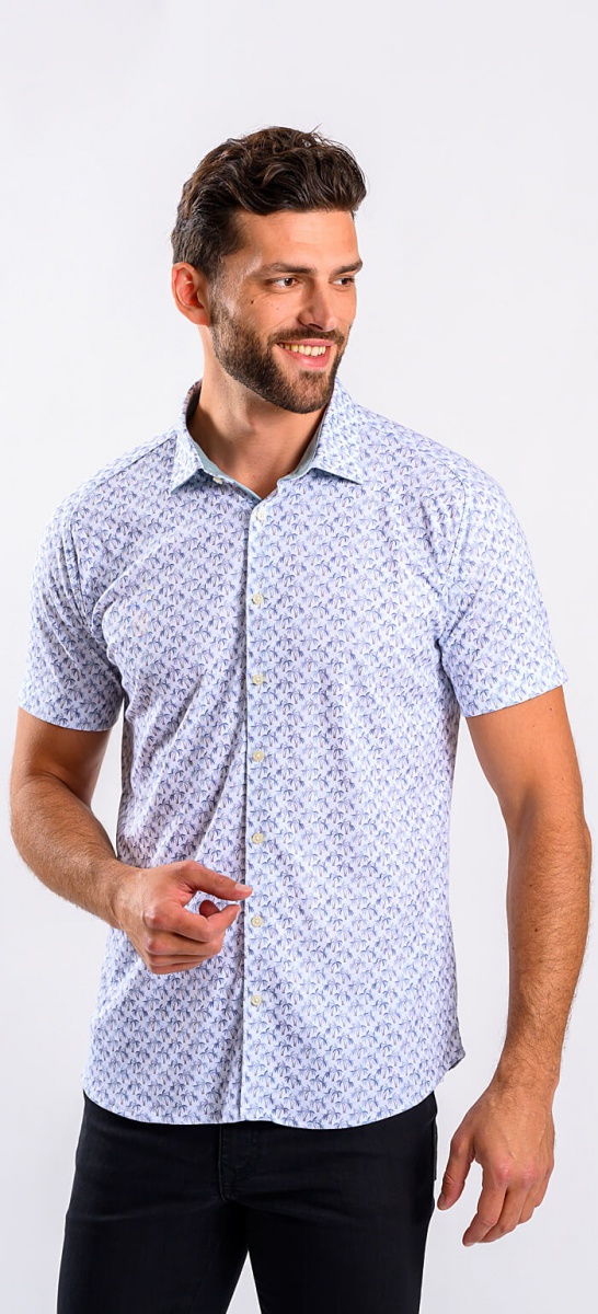 White Extra Slim Fit stretch short sleeved shirt with palm pattern